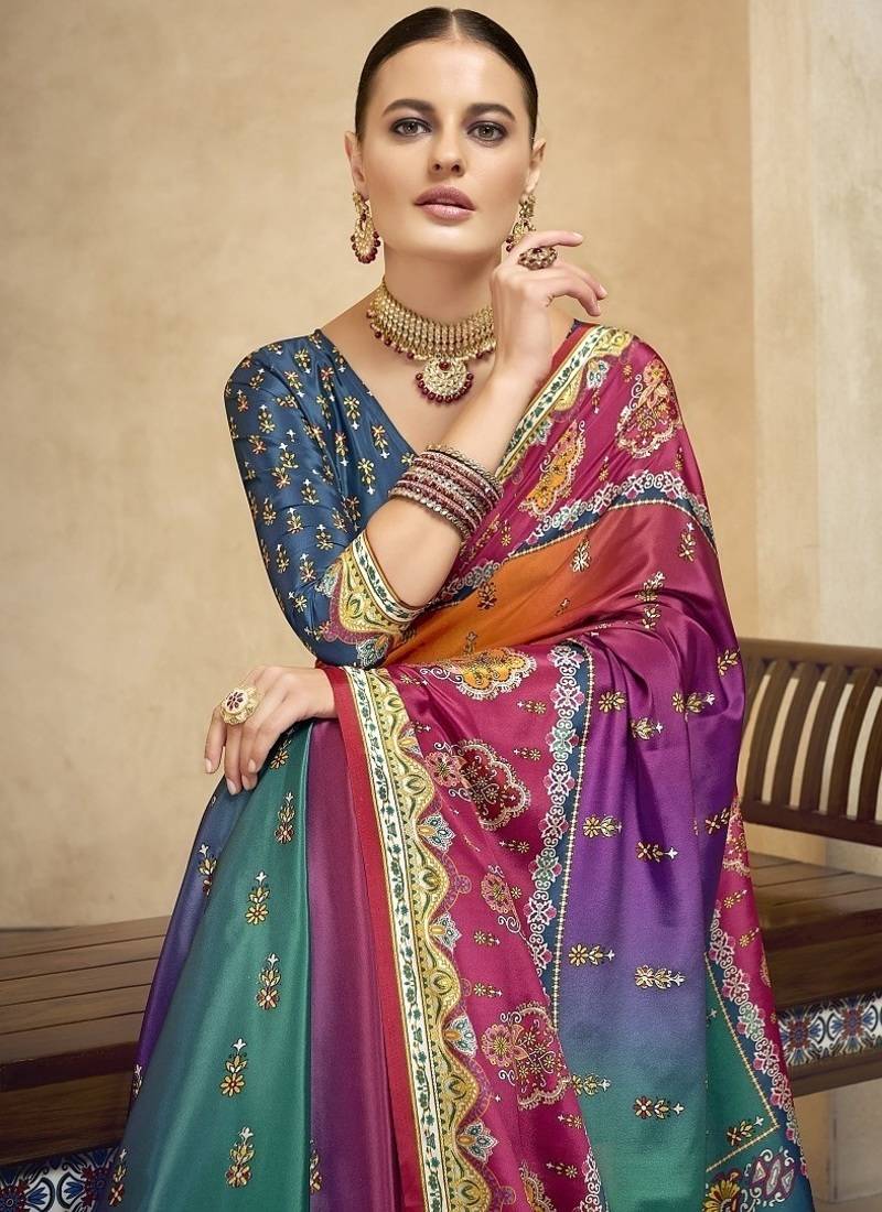 multicolor digital foil premium printed saree with blouse