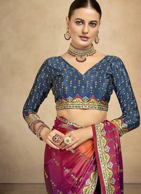 multicolor digital foil  printed saree with blouse 2