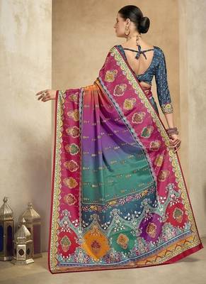 multicolor digital foil  printed saree with blouse 3