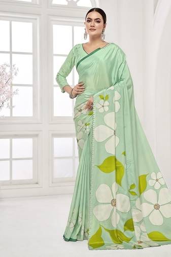 emerald light green  premium printed saree with blouse or saraowski border