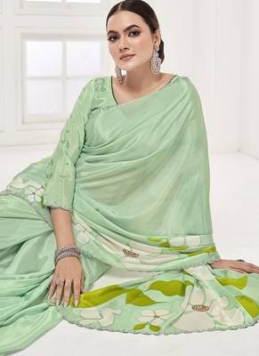 emerald light green  printed saree with blouse or saraowski border 2