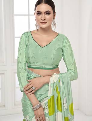 emerald light green  printed saree with blouse or saraowski border 3