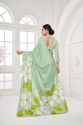 emerald light green  printed saree with blouse or saraowski border 4
