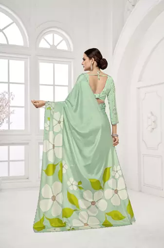 emerald light green  printed saree with blouse or saraowski border