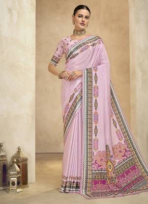 pink digital foil  printed saree with blouse 1