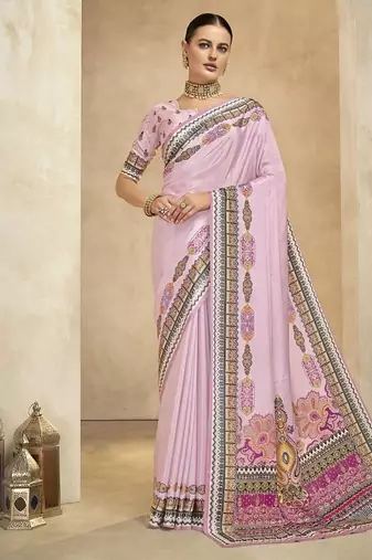 pink digital foil premium printed saree with blouse