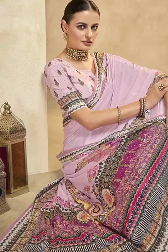 pink digital foil  printed saree with blouse