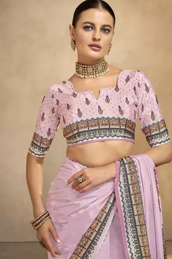 pink digital foil  printed saree with blouse