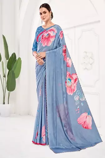 Blue premium printed saree with blouse or saraowski border