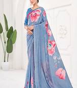 Blue  printed saree with blouse or saraowski border