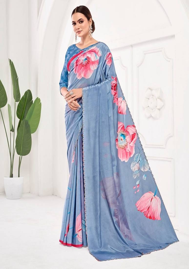 Blue premium printed saree with blouse or saraowski border