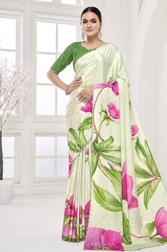 pistachio green  premium printed saree with blouse or saraowski border