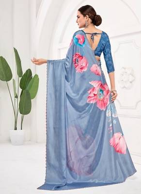 Blue  printed saree with blouse or saraowski border 2