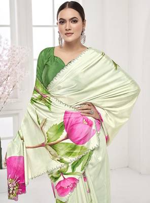 pistachio green  printed saree with blouse or saraowski border 2