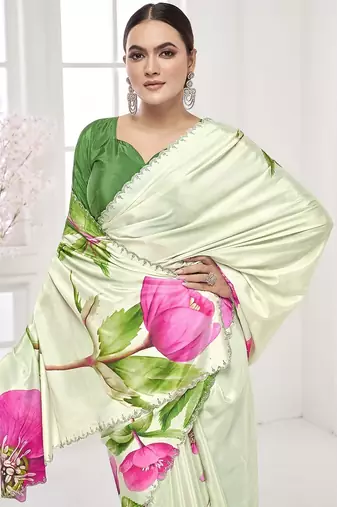 pistachio green  printed saree with blouse or saraowski border