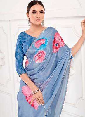 Blue  printed saree with blouse or saraowski border 3