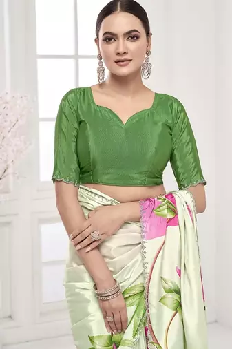 pistachio green  printed saree with blouse or saraowski border