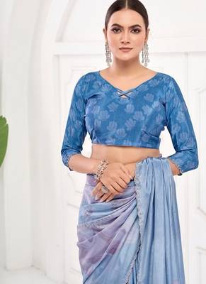 Blue  printed saree with blouse or saraowski border 4