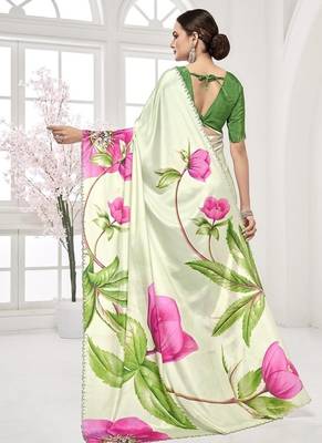 pistachio green  printed saree with blouse or saraowski border 4