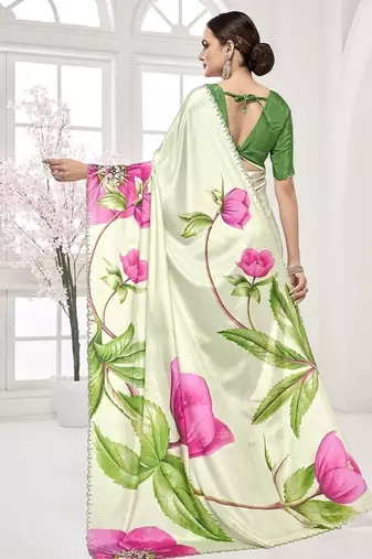 pistachio green  printed saree with blouse or saraowski border