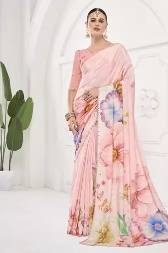 baby pink  premium printed saree with blouse or saraowski border