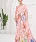 baby pink  printed saree with blouse or saraowski border