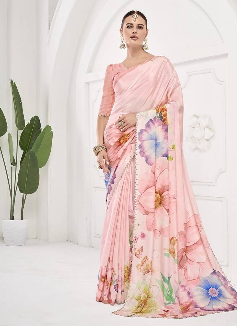 baby pink  premium printed saree with blouse or saraowski border