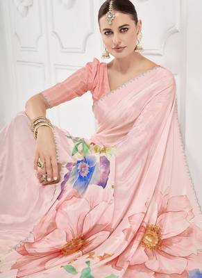 baby pink  printed saree with blouse or saraowski border 2
