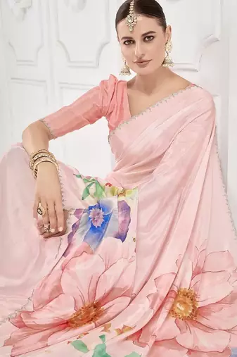 baby pink  printed saree with blouse or saraowski border