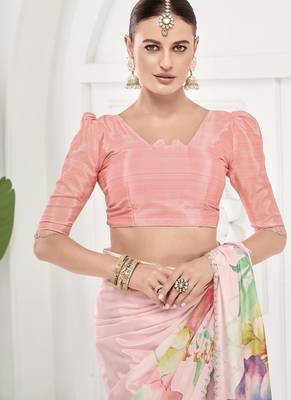 baby pink  printed saree with blouse or saraowski border 3