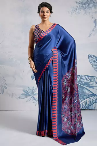 Blue modal satin ajrakh print saree