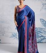 Blue modal satin ajrakh print saree