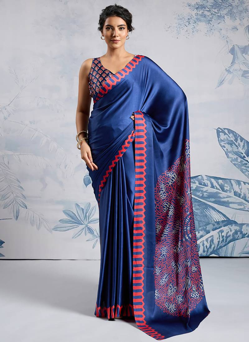 Blue modal satin ajrakh print saree
