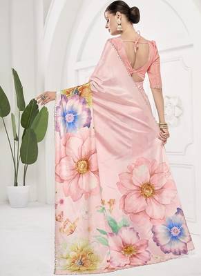 baby pink  printed saree with blouse or saraowski border 4
