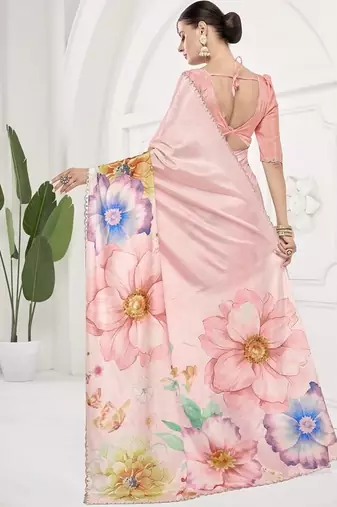 baby pink  printed saree with blouse or saraowski border