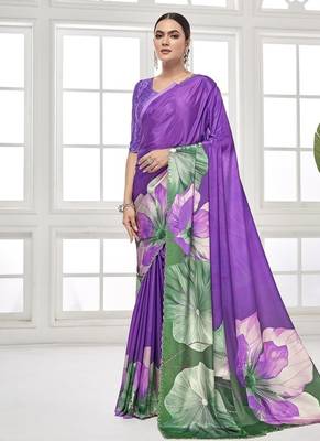 purple  printed saree with blouse or saraowski border 1