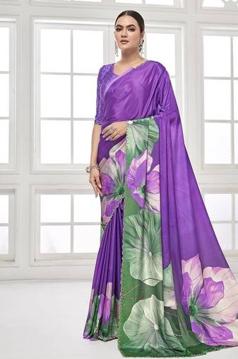 purple  premium printed saree with blouse or saraowski border