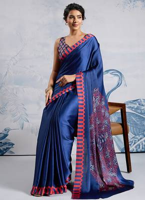 Blue modal satin ajrakh print saree 2