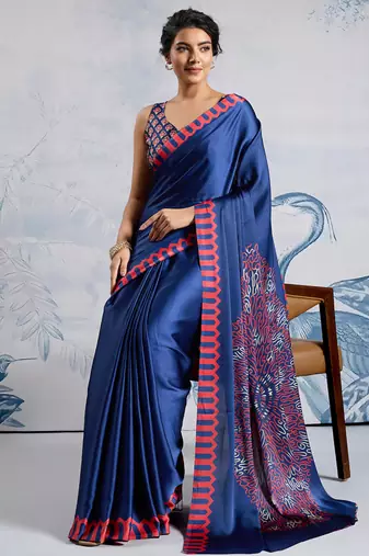Blue modal satin ajrakh print saree