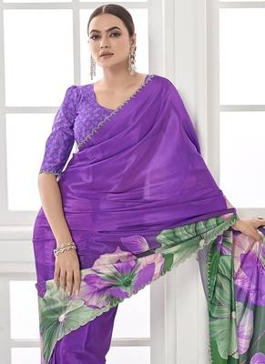 purple  printed saree with blouse or saraowski border 2