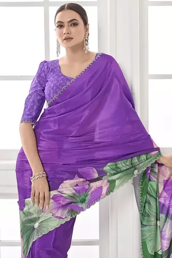 purple  printed saree with blouse or saraowski border