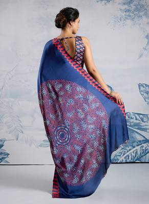 Blue modal satin ajrakh print saree 3