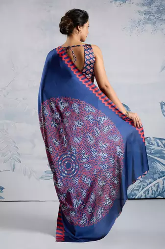 Blue modal satin ajrakh print saree