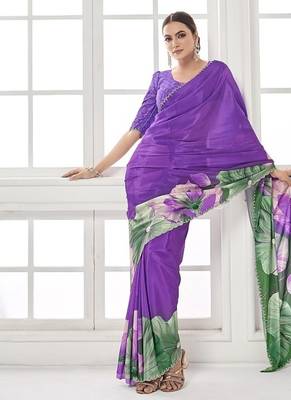 purple  printed saree with blouse or saraowski border 3