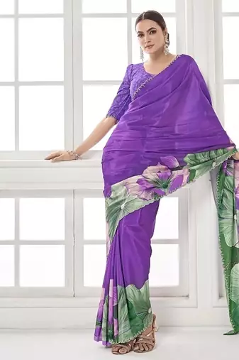 purple  printed saree with blouse or saraowski border