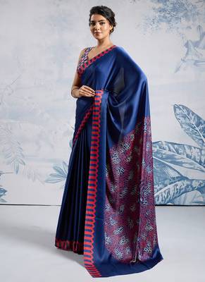 Blue modal satin ajrakh print saree 4