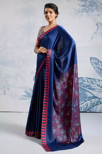 Blue modal satin ajrakh print saree