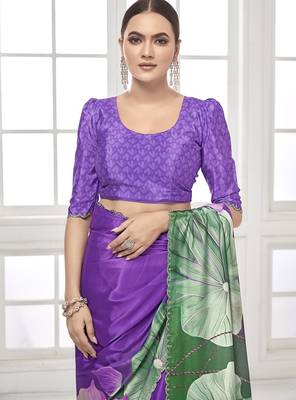 purple  printed saree with blouse or saraowski border 4
