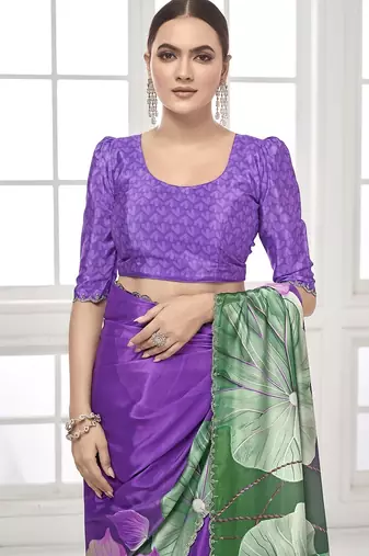 purple  printed saree with blouse or saraowski border