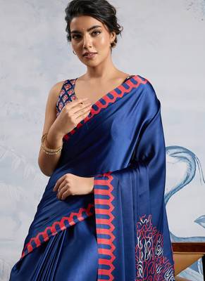 Blue modal satin ajrakh print saree 5